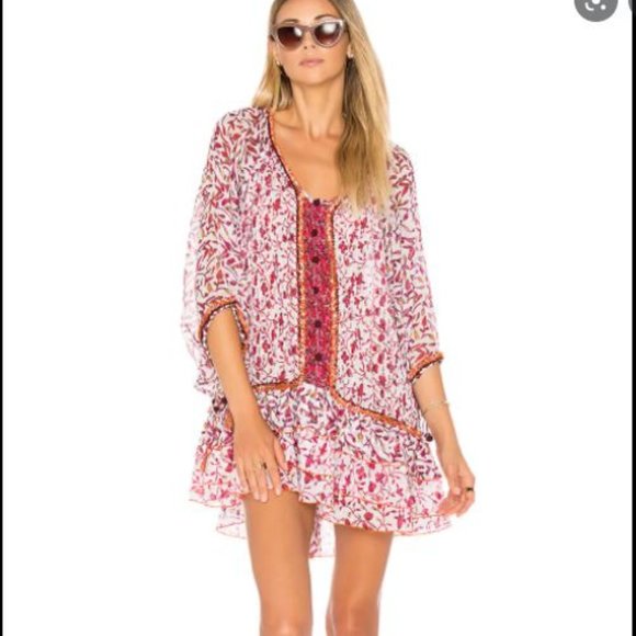 New Poupette St Barth Women Pink Bobo Ruffle Poncho Tiered Mini Dress Small - Picture 1 of 12